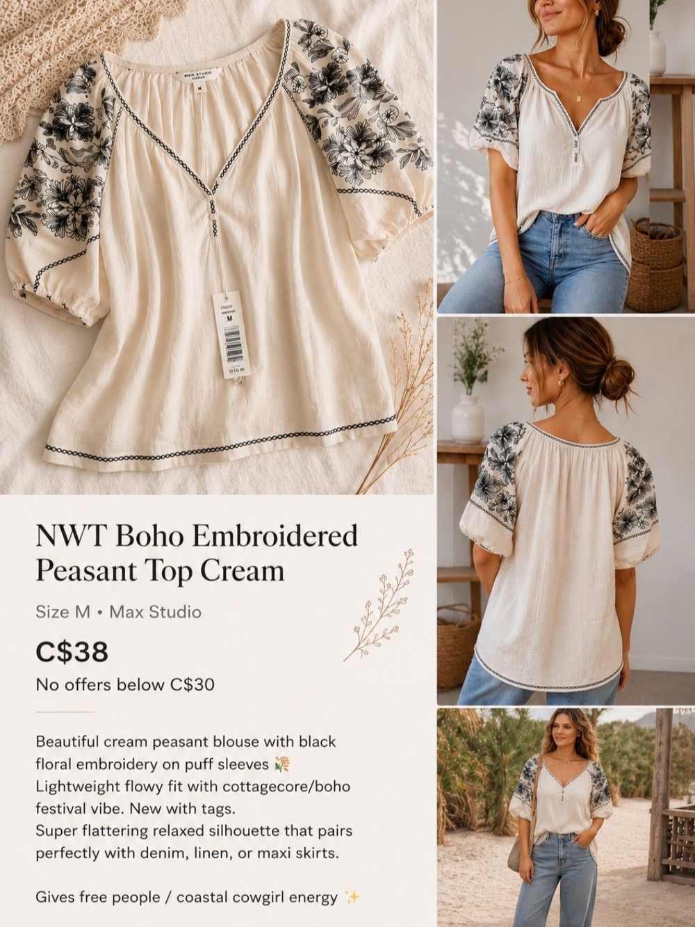 NWT Boho Embroidered Peasant Top Cream Cottagecore Festival Blouse